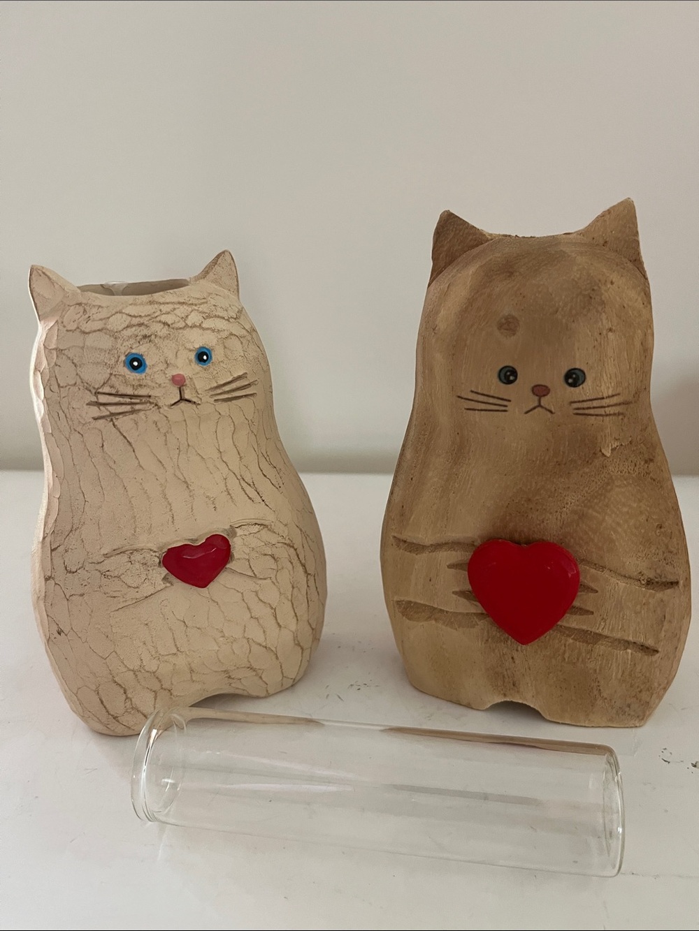 (2) Cat Shaped Resin Bud Vases in tan with red heart trim